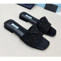 Pretty Style Prada Crystal Flat Slide Sandals 011371 Black