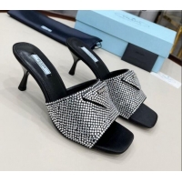 Feminine Prada Crystal Heel Slide Sandals 6cm 011373 Silver/Black