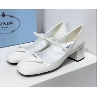 Luxury Cheap Prada Patent Leather Mary Janes Pumps 5cm 011378 White