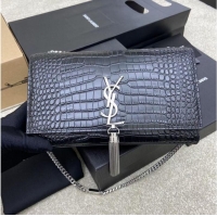 Grade Quality YSL KATE MEDIUM WITH TASSEL IN CROCODILE-EMBOSSED SHINY LEATHER B377829 black