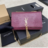 Well Crafted YSL KATE MEDIUM WITH TASSEL IN CROCODILE-EMBOSSED SHINY LEATHER 377829 Burgundy