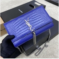 Buy Classic YSL KATE MEDIUM WITH TASSEL IN CROCODILE-EMBOSSED SHINY LEATHER B377829 blue