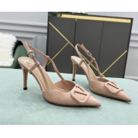 Top Quality Valentino VLOGO SIGNATURE Patent Leather Slingback Pump with 8cm Heel Nude 105063