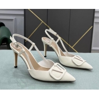 Super Quality Valentino VLOGO SIGNATURE Patent Leather Slingback Pump with 8cm Heel White 0106051