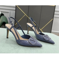 Good Product Valentino VLOGO SIGNATURE Patent Leather Slingback Pump with 8cm Heel Blue 0106055