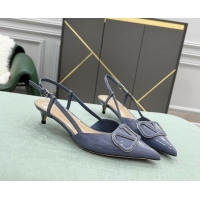 Shop Valentino VLOGO SIGNATURE Patent Leather Slingback Pump with 4cm Heel Blue 0106058