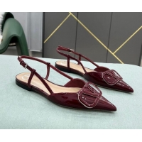 Unique Grade Valentino VLOGO SIGNATURE Patent Leather Slingback Flat Ballerina Burgundy 0106062