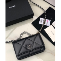 Top Quality Chanel 19 Classic Sheepskin Leather Chain Wallet AP0957 black& silver-Tone Metal