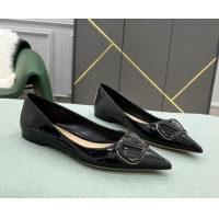 Luxury Valentino VLOGO SIGNATURE Patent Leather Flat Ballerina Black 0107065