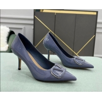 Shop Cheap Valentino VLOGO SIGNATURE Patent Leather Pump with 8cm Heel Blue 0107066