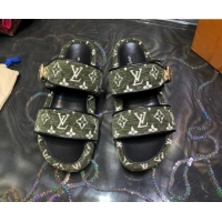 Discounts Louis Vuitton Jumbo Monogram Velvet Flatform Slide Sandals 121674 Green