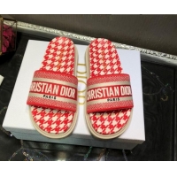 Good Quality Dior Dway Slide Sandals in Red Cotton Embroidery with Micro Houndstooth 121527