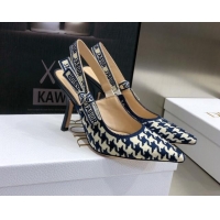 Top Quality Dior J'Adior Slingback Pumps 9.5cm in Cotton Embroidery with Micro Houndstooth Deep Blue/White 121543