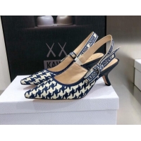 Custom Dior J'Adior Slingback Pumps 6.5cm in Cotton Embroidery with Micro Houndstooth Deep Blue/White 121544