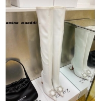 Low Price Amina Muaddi Lycra Over-Knee High Boots 9.5cm with Crystal Charm White 111223