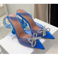 Best Luxury Amina Muaddi TPU Slingback Pumps with Crystal Bow 9.5cm 122023 Blue