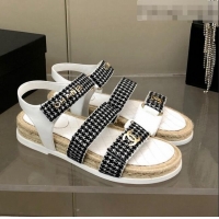 Luxury Cheap Chanel Houndstooth Strap Flat Sandals C2142 Black/White 2022