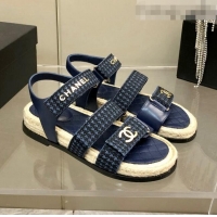 Popular Style Chanel Houndstooth Strap Flat Sandals C2142 Blue 2022