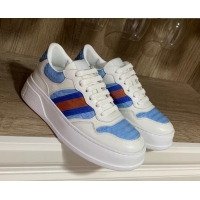 Top Grade Gucci Snakeskin Embossed Leather Sneaker with Web 021604 Blue