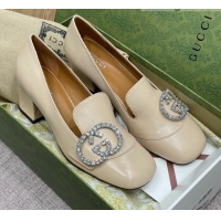 Affordable Price Gucci Leather Loafer Pumps 5cm with Crystal Double G 021909 Beige