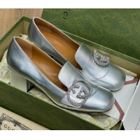 Good Quality Gucci Leather Loafer Pumps 5cm with Crystal Double G 021909 Silver