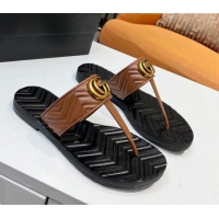 Shop Gucci Chevron Leather Thong Sandal with Double G 022151 Brown