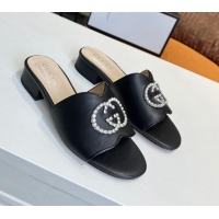 Best Quality Gucci Leather Slide Sandal with Crystal Double G 022157 Black