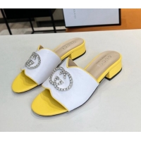 Low Cost Gucci Leather Slide Sandal with Crystal Double G 022159 White/Yellow