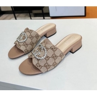 New Style Gucci GG Canvas Slide Sandal with Crystal Double G 022160 Beige