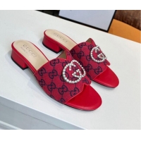 Low Price Gucci GG Canvas Slide Sandal with Crystal Double G 022161 Red