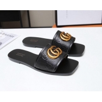 Discount Gucci GG Leather Slide Sandal with Double G Black 022162