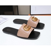 Cute Gucci GG Leather Slide Sandal with Double G 022162 Apricot