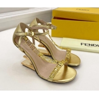 Classic Practical Fendi First F Calfskin Heel 8.5cm Sandals with Logo Chain 021596 Gold