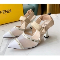 Top Quality Fendi Colibrì Slingback Pumps 8.5cm in White Mesh with Metal Stitches Black 215106