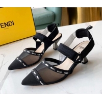 New Fashion Fendi Colibrì Slingback Pumps 5.5cm in Black Mesh with Metal Stitches Black 215104