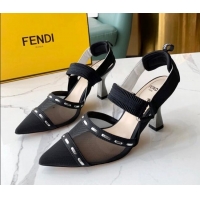 Best Luxury Fendi Colibrì Slingback Pumps 8.5cm in Black Mesh with Metal Stitches Black 215105