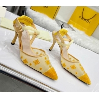 Most Popular Fendi Colibrì Lite High Heel Slingback Pumps 8.5cm in FF Karligraphy Mesh 215108 Yellow