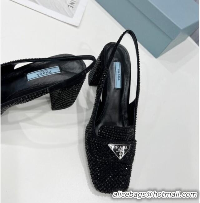 Super Quality Prada Crystal Slingback Loafers 7cm 021652 Black