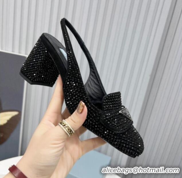 Super Quality Prada Crystal Slingback Loafers 7cm 021652 Black