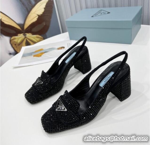 Super Quality Prada Crystal Slingback Loafers 7cm 021652 Black