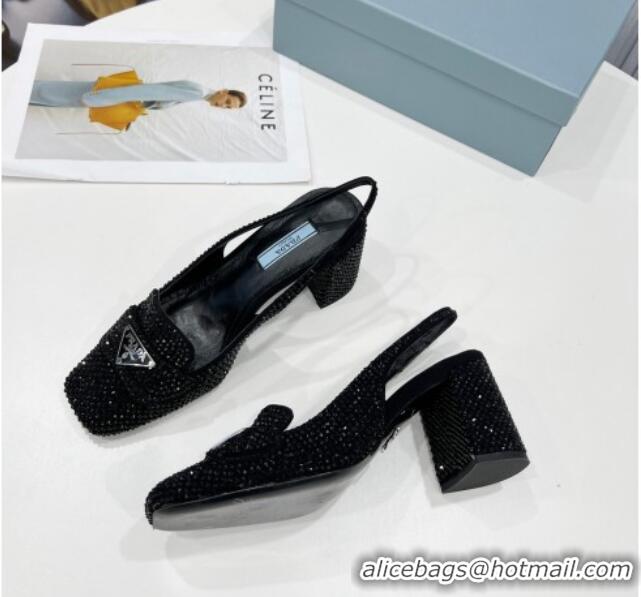 Super Quality Prada Crystal Slingback Loafers 7cm 021652 Black