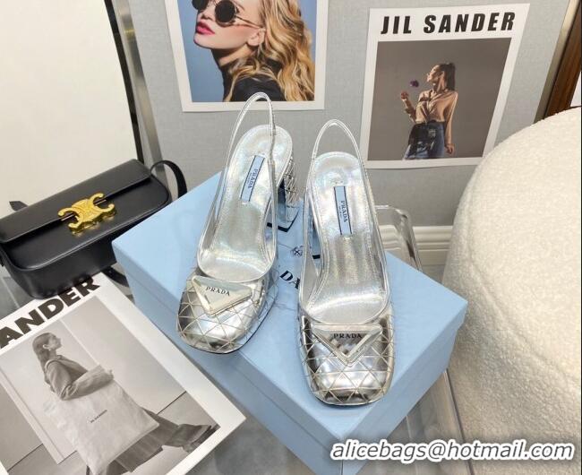 New Style Prada Metallic Leather Slingback Pumps with 9.5cm Heel 0216051 Silver