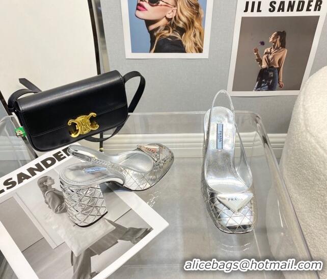 New Style Prada Metallic Leather Slingback Pumps with 9.5cm Heel 0216051 Silver