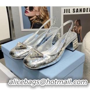 Top Quality Prada Metallic Leather Slingback Pumps with 5.5cm Heel 0216052 Silver