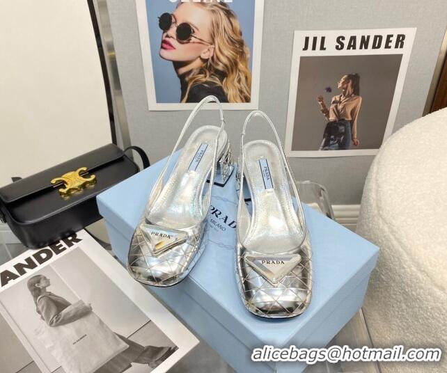 Top Quality Prada Metallic Leather Slingback Pumps with 5.5cm Heel 0216052 Silver