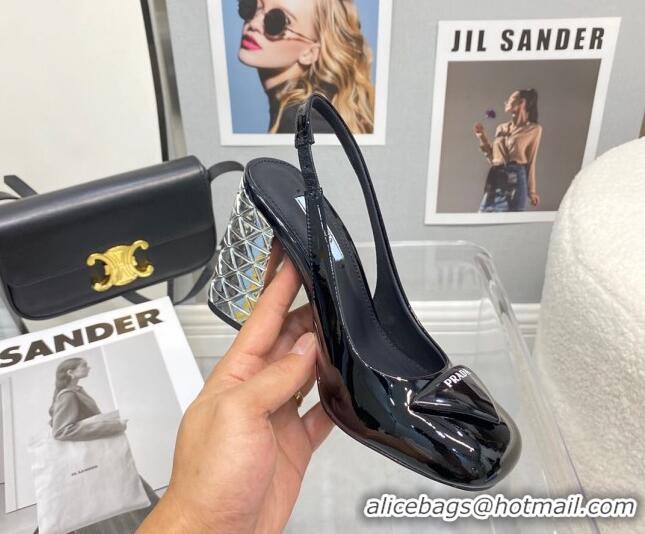 Duplicate Prada Patent Leather Slingback Pumps with 9.5cm Heel 0216065 Black