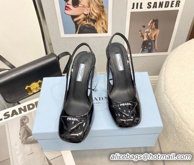 Duplicate Prada Patent Leather Slingback Pumps with 9.5cm Heel 0216065 Black