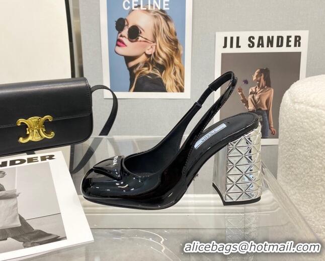 Duplicate Prada Patent Leather Slingback Pumps with 9.5cm Heel 0216065 Black