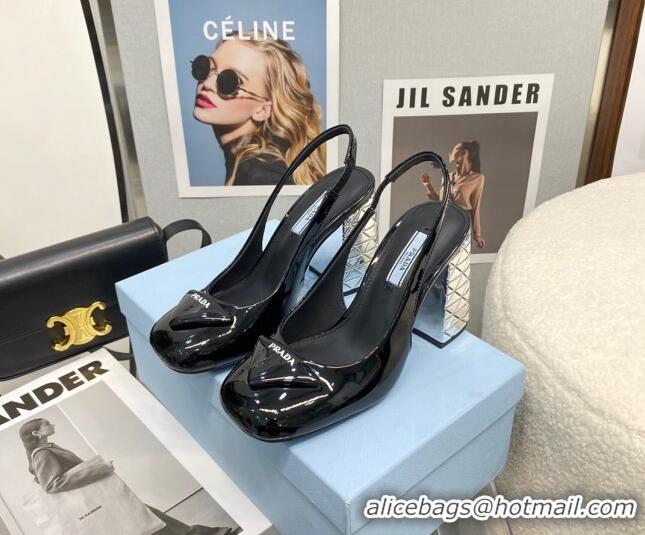 Duplicate Prada Patent Leather Slingback Pumps with 9.5cm Heel 0216065 Black