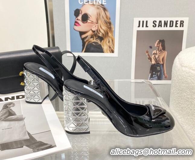 Duplicate Prada Patent Leather Slingback Pumps with 9.5cm Heel 0216065 Black